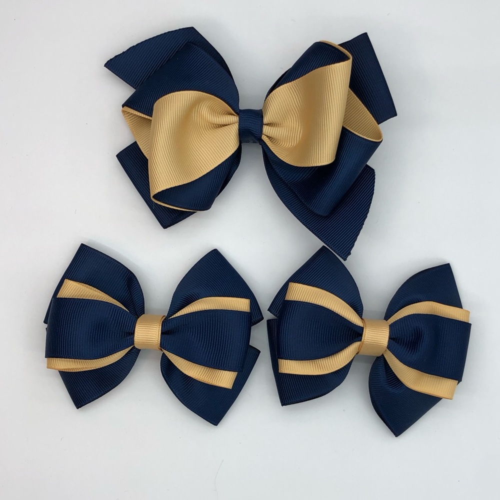 Navy and Gold Double-Layer Kids Hair Bows - Set of 3